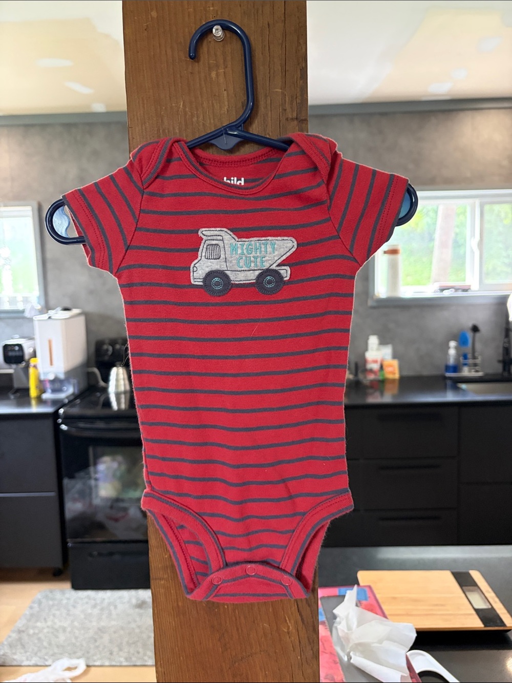 Carter's Red and Navy Striped One-Piece Bodysuit with Truck Applique